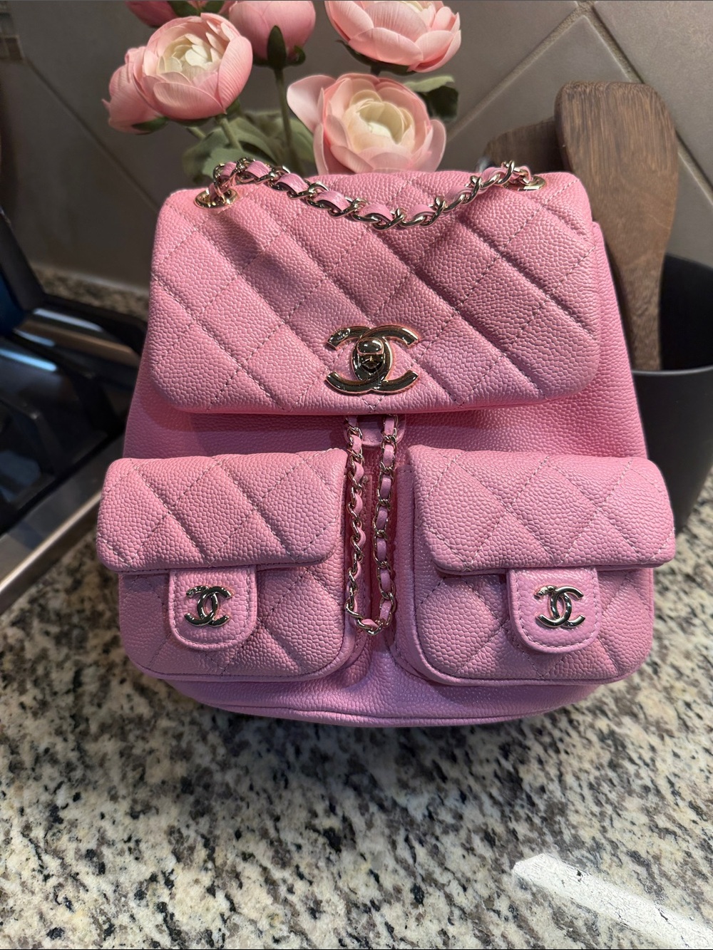 Pink Quilted Caviar Leather Backpack with Chain